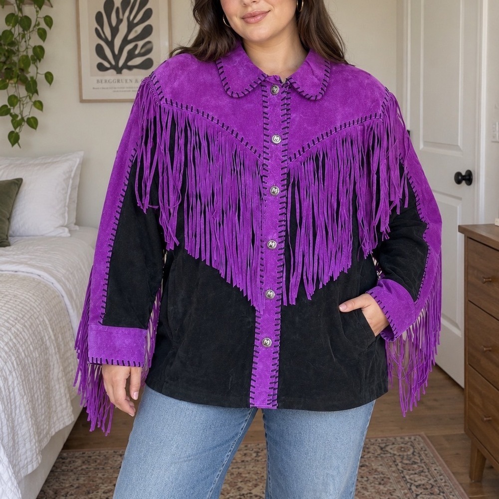 Bob Mackie Vintage Western Purple Black Suede Fringe Jacket 2X Wearable Art